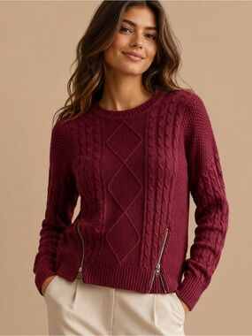 Pixley Burgundy Cable-Knit Crew Sweater with Zip Accents